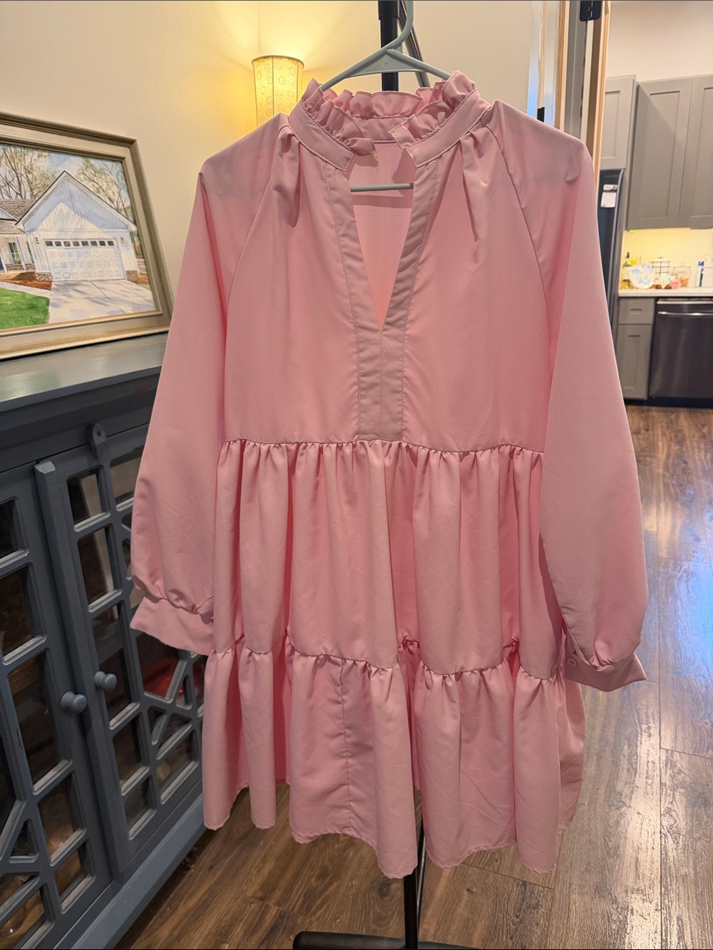 Amazon Women's Pink Tiered Ruffle-Neck Midi Dress